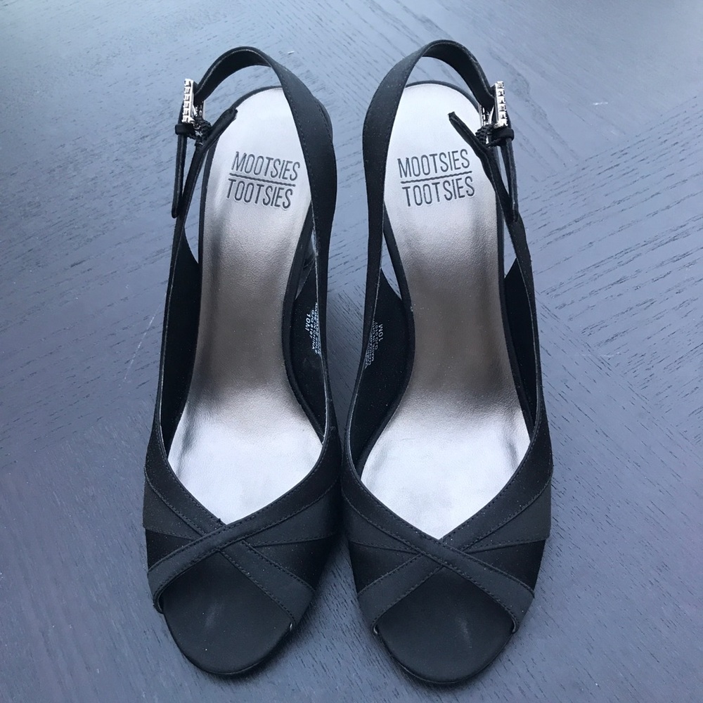 Black sling back satin dress shoes